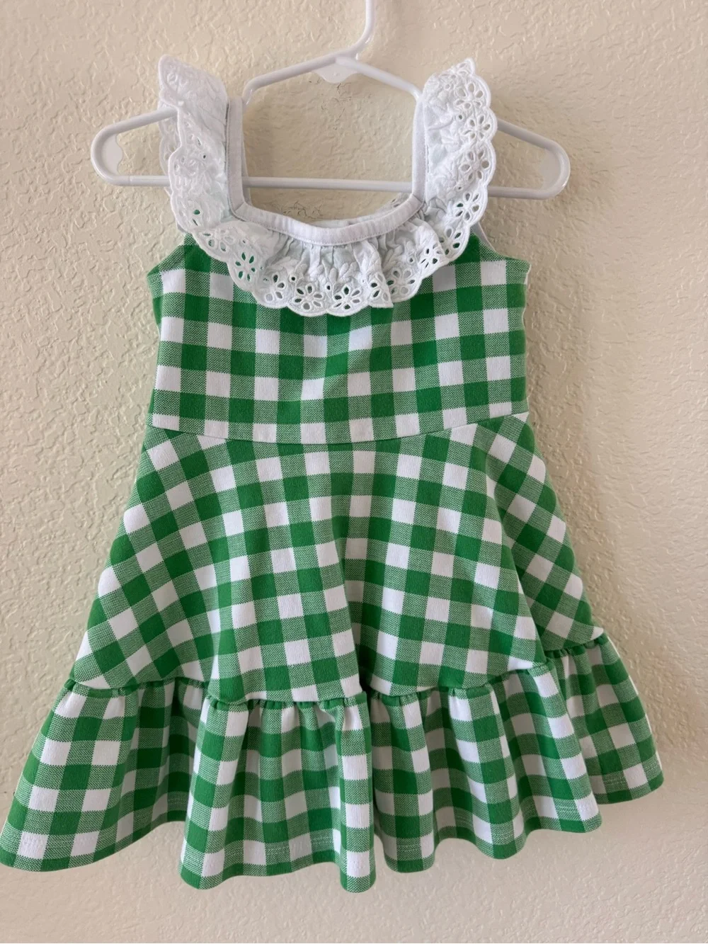 Janie and Jack, Green and White Gingham Ruffle Dress with Eyelet Collar